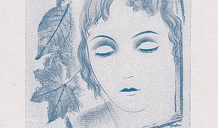 Ex Libris Dr. Karel Skála. Hlava dívky a tři listy v nepravidelném zarámování.