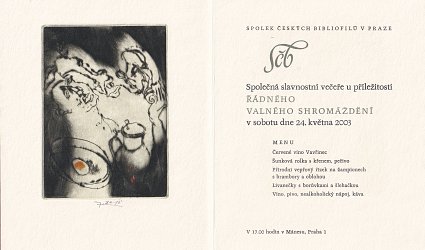 Pamětní list Spolku českých bibliofilů na slavnostní večeři u příležitosti řádného valného shromáždění dne 24. května 2003.