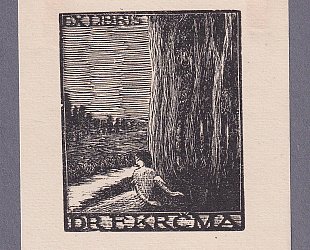 Ex Libris Dr. F. Krčma. Dívka sedící v krajině.