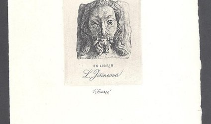 Ex libris Ludmila Jiřincová. Domovní znamení u Kamenné hlavy v Praze, Národní třída 30 a text Ex libris Ludmila Jiřincová.