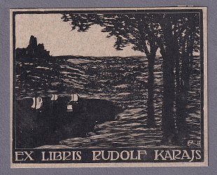 Ex Libris Rudolf Karajs. Krajina s černým jezerem.