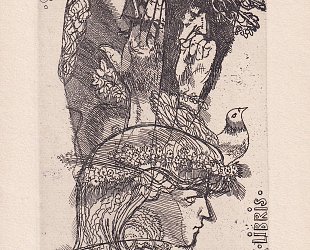 Ex Libris. Dvě dívčí hlavy s ptákem a kyticí.