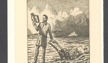 Emporium - MCMXXXIX. Muž čtoucí z knihy opřen o pluh, v pozadí odcházející bouře.