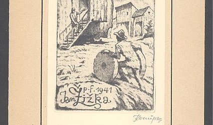 p.f. 1941 Jan Žižka. Mlynář se dvěma mlýnskými koly u větrného mlýna.