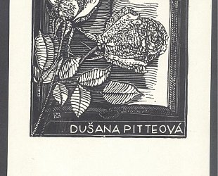 Exlibris Dušana Pitteová. Růže na knize.