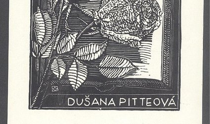 Exlibris Dušana Pitteová. Růže na knize.