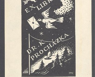 Ex Libris Dr. K. Procházka. Poštovní holub nad krajinou.