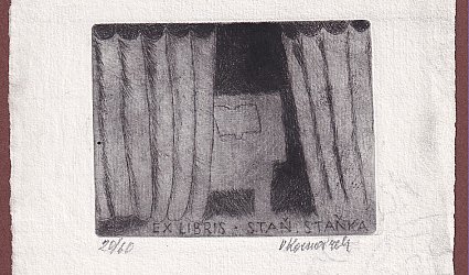 Ex Libris - Staň. Staňka. Stůl s knihou a zástěnou.