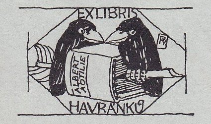 Exlibris Albert a Otilie Havránků. Dva havrani na koncích brkového pera vloženého do knihy.
