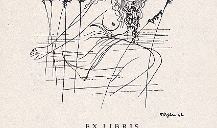 Ex Libris Dr. Miléva Krátká. V trávě sedící dívčí akt, oblak.