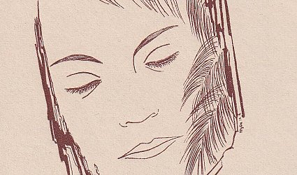 Ex Libris Lídy Kovaříkové. Fragment nepravidelné desky se spícím ženským obličejem en face s prameny vlasů a větvičkami na čele a na levé tváři.