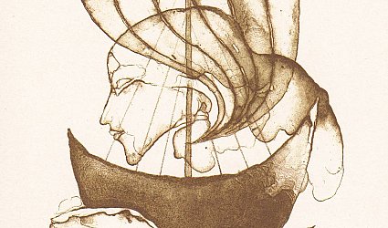 JH. Dívčí profil a plachetnice.