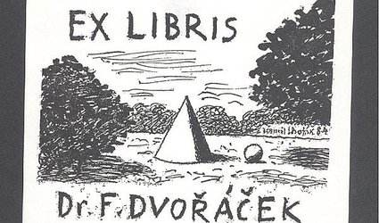 Ex libris Dr. F. Dvořáček. Jehlan a míč v krajině.