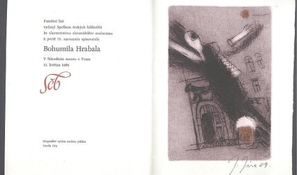 Pamětní list ke slavnostnímu shromáždění svolanému k poctě 75. narozenin Bohumila Hrabala.