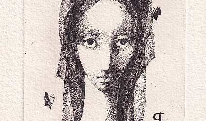 P. T. Dívčí hlava v závojích s pěti motýli.