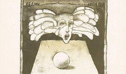 Ex Libris Josef Hrubý. Okřídlená hlava a koule.