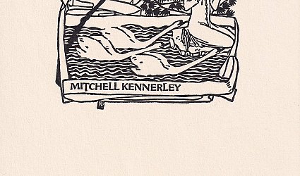 Exlibris Mitchell Kennerley. Tři labutě u čtenářky.