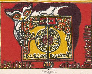 Ex Libris Ottmar Premstaller. Živote plyneš jako voda a žádné perečko tě nezastaví. Kočka na hodinách.