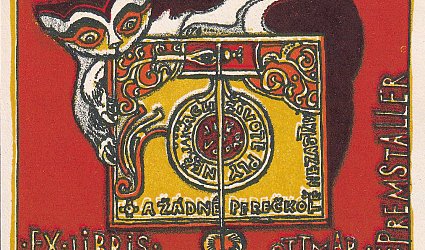 Ex Libris Ottmar Premstaller. Živote plyneš jako voda a žádné perečko tě nezastaví. Kočka na hodinách.