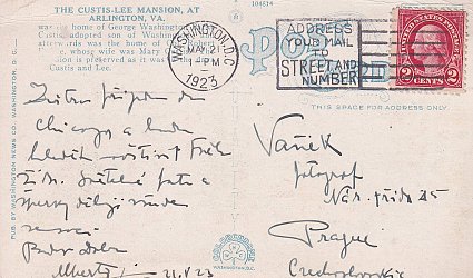 Pohlednice s The Custis-Lee Maison v Aldingtonu VA.