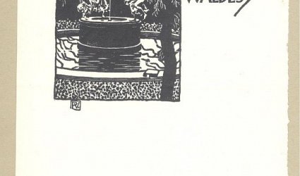 Ex Libris Jindřich Waldes. Kašna se 3 nymfami, tančícími na pokraji basénu.