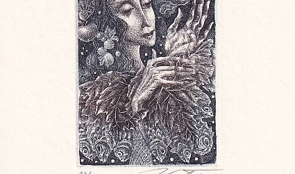 Ex libris Lyra Pragensis. Žena a ryby.