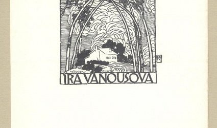 Exlibris Bohumíra Vaňousová. Bílá chaloupka mezi stromovím.