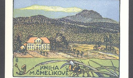 Kniha M. Čmelíkové. Krajina s domem, v popředí čmelák.