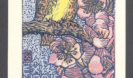 Ex Libris Milena Nožičková. Ptáček na jabloňovém květu.