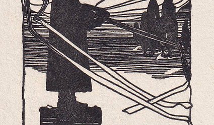 Ex Libris Folkman H. Silhueta sochy muže nad krajinou s topoly.