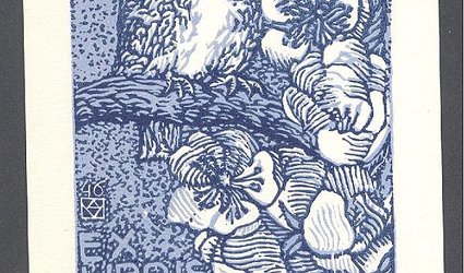 Ex Libris Milena Nožičková. Ptáček na jabloňovém květu.