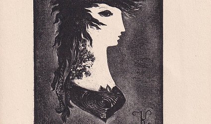 Ex libris Ruda Klinkovský. Hlava vodní panny a písmeno K.