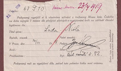 Výpůjční lístek knihovny Musea král. Českého v Praze.