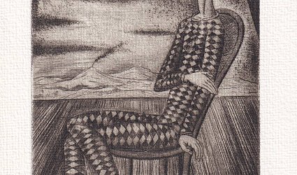 Exl J. Pomyjová. Sedící Harlekýn.