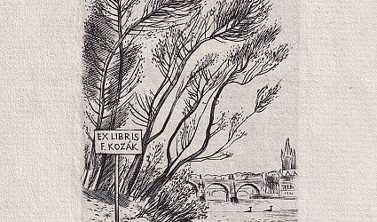 Ex libris F. Kozák. Stromy a Karlův most.