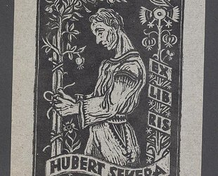 Ex libris Hubert Sekera. Sadař a stromek s jablky.