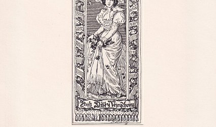 Z knih Elišky Vejrychovy. Dívčí postava v klobouku, zasazená do květinového orámování.