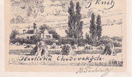 Z knih Havlíčků Chodovských. Pohled na chodovskou vilu se skupinou topolů.