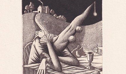 Ex libris J.P. Sedící klaun za stolem.