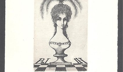 Ex libris rodina Chocholova. Dáma s chocholem pštrosích per a písmena B, J, CH.