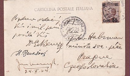 Pohlednice pro ministra Gustava Habrmana.