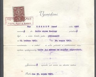 Vysvědčení Josefa Kohouta z hotelu De Saxe v Praze z roku 1923.