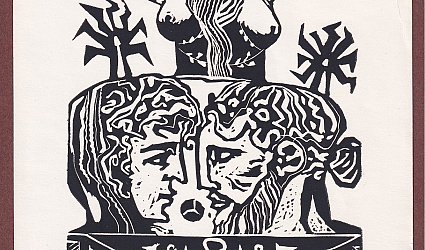 Ex libris L. Liesler. Dvě mužské hlavy a okřídlený ženský akt.